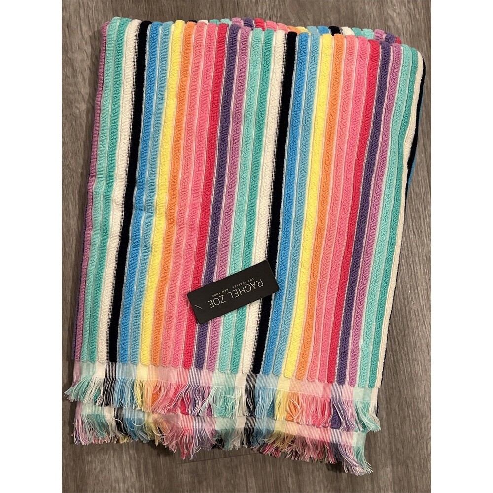 Rachel Zoe Rainbow Striped 40" x 70" Oversized Beach Towel Bath Sheet Fringe New
